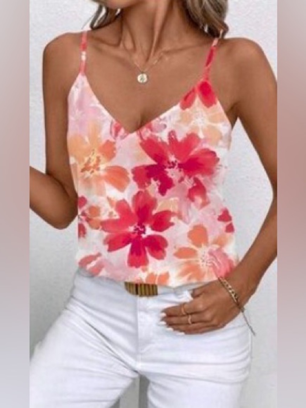 Pretty Floral V-Neck Adjustable Spaghetti Strap Tank Top - Pink/Coral
